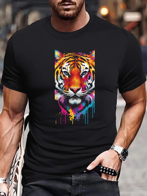 Men's Graphic T-Shirt Colorful Paint Drips With Vibrant Urban Street Style Tiger