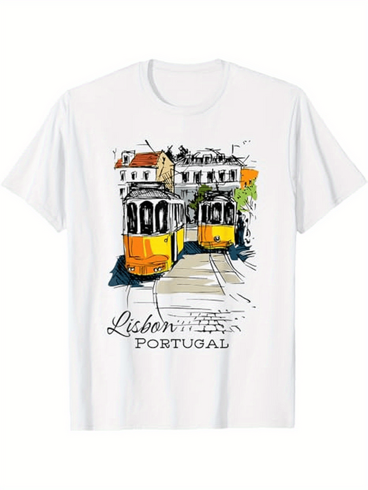 Men's Graphic T-Shirt Lisbon Portugal Vintage Trams Among Colorful European Cityscape