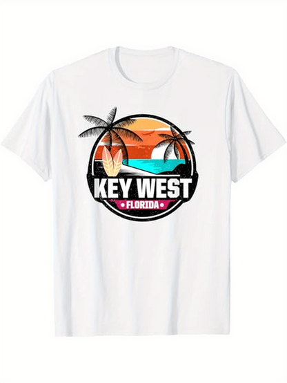 Men's Graphic T-Shirt Key West Florida Sunset With Palm Trees Over Ocean View Beachscape