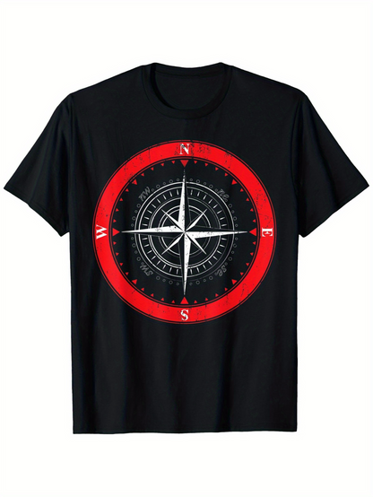 Men's Graphic T-Shirt Red Black Circular Nautical Motif With Classic Compass Directions Symbol