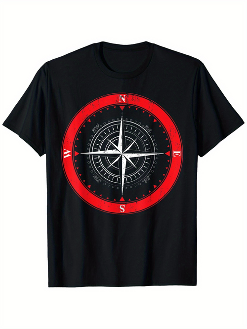 Men's Graphic T-Shirt Red Black Circular Nautical Motif With Classic Compass Directions Symbol