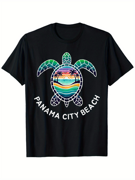 Men's Graphic T-Shirt Panama City Beach Sunset Reflection With Palms And Calm Sea Turtle