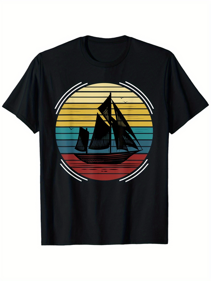 Men's Graphic T-Shirt Retro Sunset With Silhouette Sailboat Over Calm Ocean Water