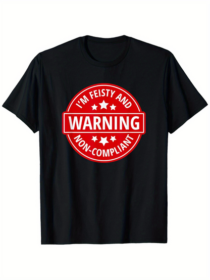 Men's Graphic T-Shirt Warning Badge In Bold Red Lettering On Cotton Black T Shirt
