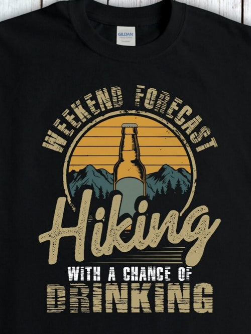 Men's Graphic T-Shirt Weekend Forecast Sunset Mountains Hiking With A Beer Bottle