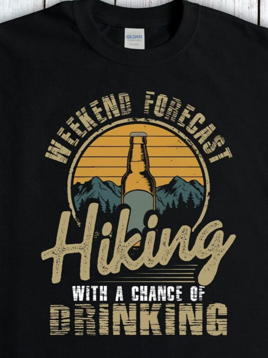 Men's Graphic T-Shirt Weekend Forecast Sunset Mountains Hiking With A Beer Bottle
