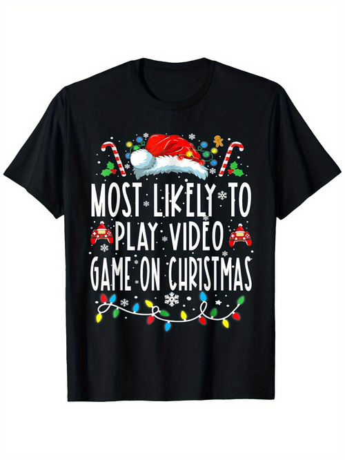 Men's Graphic T-Shirt Most Likely To Play Video Game On Christmas With Santa Hat Candy Canes Christmas Lights And Game Controller