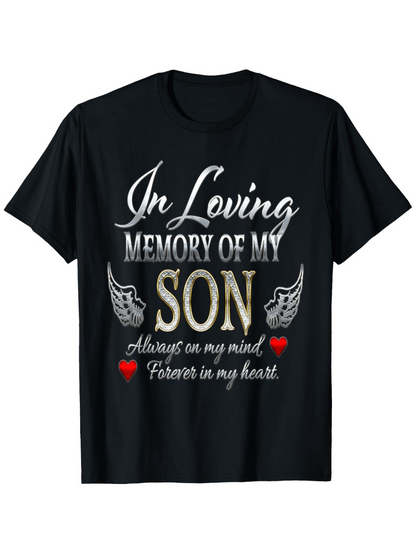 Men's Graphic T-Shirt In Loving Memory Of My Son With Silver Angel Wings And Red Hearts