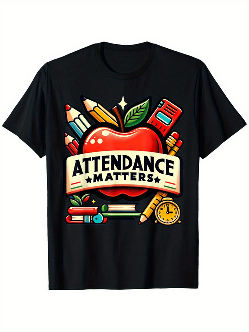 Men's Graphic T-Shirt Attendance Matters Bright School Objects With Red Apple Centerpiece