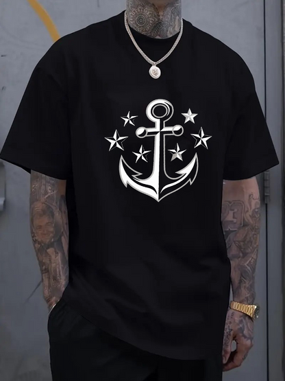 Men's Graphic T-Shirt Classic Nautical Style With Shining Stars And Timeless Anchor Design