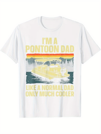 Men's Graphic T-Shirt Im A Pontoon Dad Like A Normal Dad Only Much Cooler Mountain Lake Pontoon Boat Under Vintage Sunset