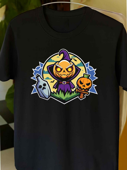 Men's Graphic T-Shirt Haunted Pumpkin Patch With Witch Hat Glowing Moon Surrounded By Spooky Ghosts
