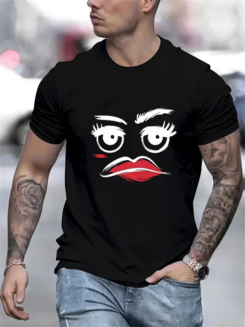 Men's Graphic T-Shirt Bold Graphic Featuring Red Lips And Expressive Cartoon Face Design