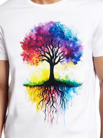 Men's Graphic T-Shirt Watercolor Rainbow Splash Surrounded Vibrant Colorful Abstract Tree