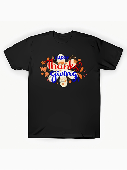 Men's Graphic T-Shirt Happy Thanksgiving With Autumn Leaves Pumpkins And Festive Fall Turkey