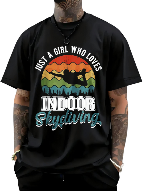 Men's Graphic T-Shirt Just A Girl Who Loves Indoor Skydiving With Mountains Sunset Silhouette
