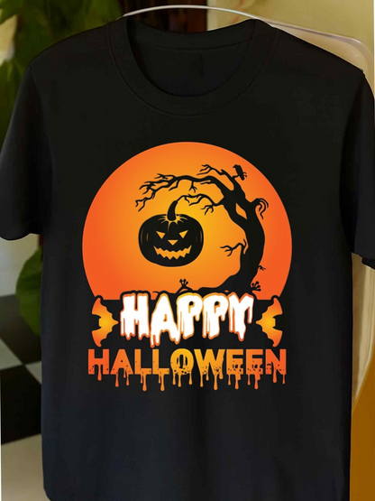 Men's Graphic T-Shirt Happy Halloween Creepy Bats With Hanging Pumpkin And Haunted Tree