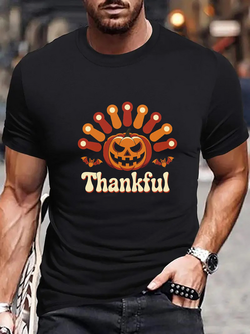 Men's Graphic T-Shirt Thankful With A Grinning Pumpkin Surrounded By Festive Autumn Lights