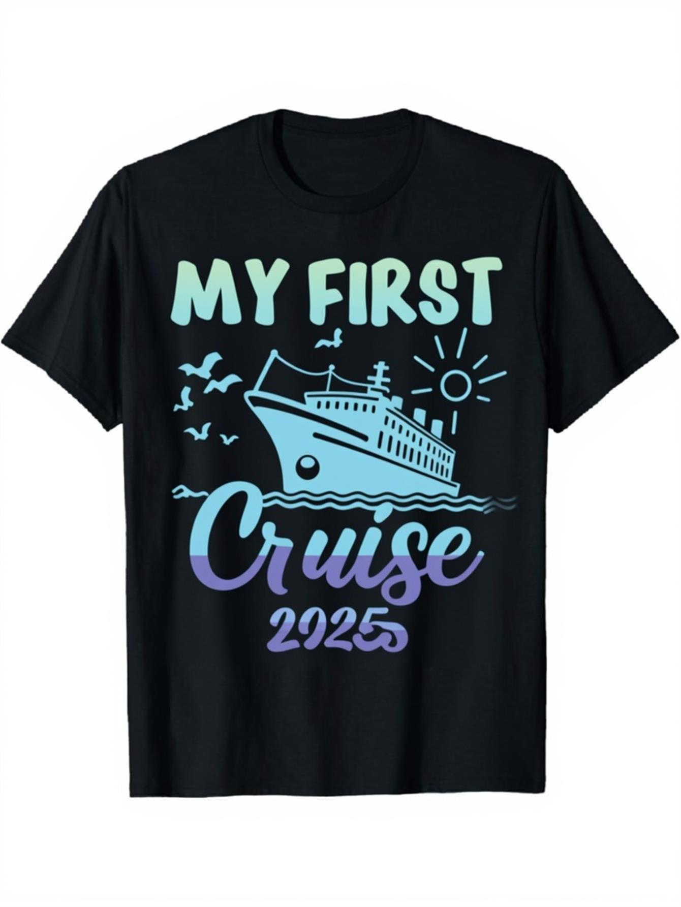 Men's Graphic T-Shirt My First Cruise Colorful Sunrise With Seagulls Waves And Majestic Ship