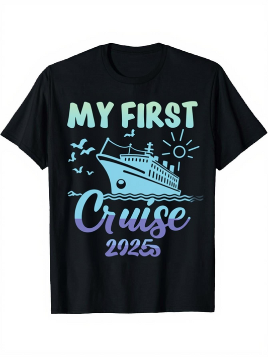 Men's Graphic T-Shirt My First Cruise Colorful Sunrise With Seagulls Waves And Majestic Ship