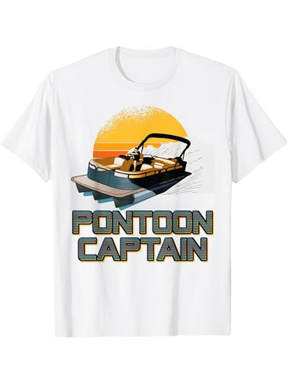 Men's Graphic T-Shirt Pontoon Captain Retro Sunlight With Leisure Boat On Water