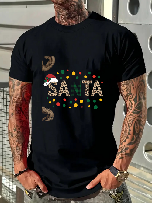 Men's Graphic T-Shirt Santa Festive Multicolored Lights Surrounding Playful Holiday Santa