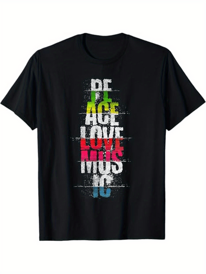 Men's Graphic T-Shirt Peace Love Music Vibrant Grunge Lettering Stacked With Distressed Colorful Text Design