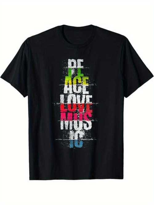 Men's Graphic T-Shirt Peace Love Music Vibrant Grunge Lettering Stacked With Distressed Colorful Text Design