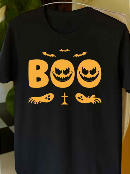 Men's Graphic T-Shirt Boo With Smiling Bats Pumpkins And Halloween Grave Ghost