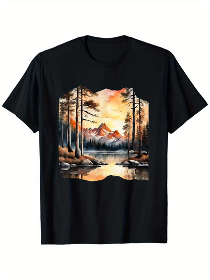Men's Graphic T-Shirt Sunrise Over Mountain Reflections With Forest And Calm Water Scene