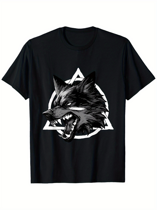Men's Graphic T-Shirt Fierce Wild Gray Wolf Head Inside Geometric White Triangle Symbol Wolf