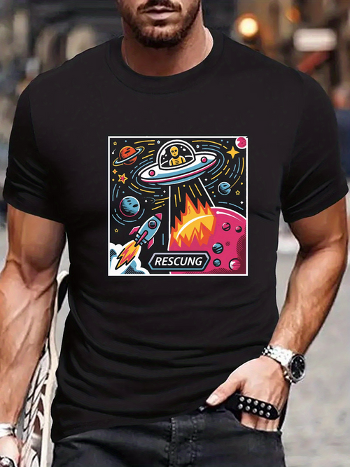 Men's Graphic T-Shirt Rescuing Colorful Spaceships And Planets Under Shining Stars Spaceship