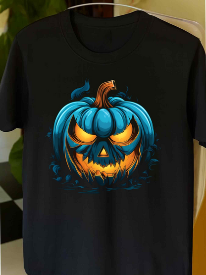 Men's Graphic T-Shirt Glowing Blue Halloween Pumpkin With Ominous Eyes Orange Flames And Spooky Face Pumpkin