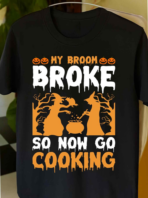 Men's Graphic T-Shirt My Broom Broke Orange Pumpkins And Witches With Cauldron T Shirt