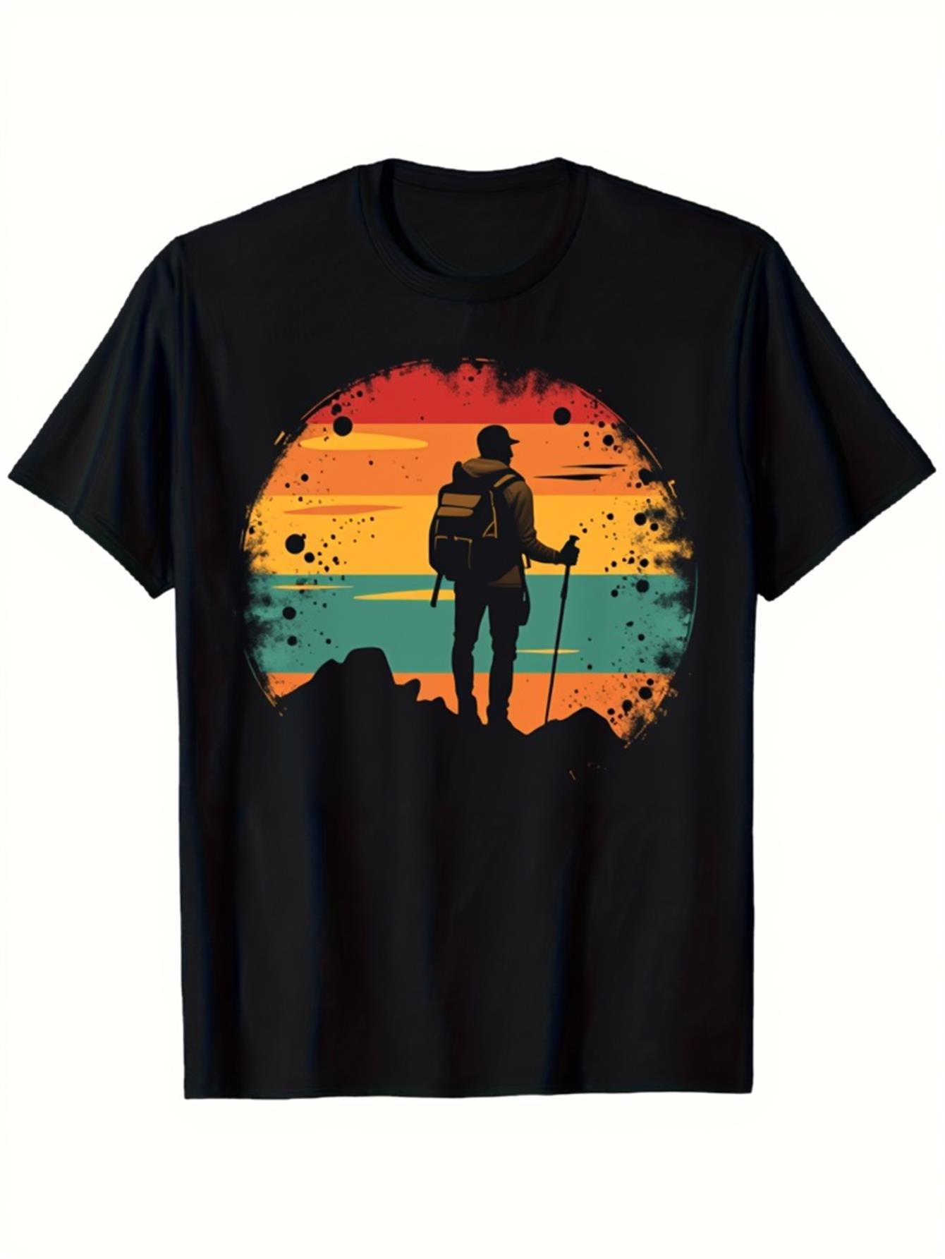 Men's Graphic T-Shirt Vibrant Sunset Horizon With Adventurous Hiker Silhouette Standing On Rocky Mountain