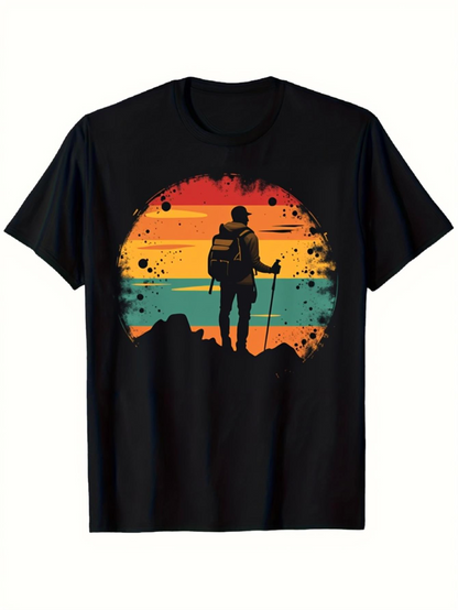 Men's Graphic T-Shirt Vibrant Sunset Horizon With Adventurous Hiker Silhouette Standing On Rocky Mountain