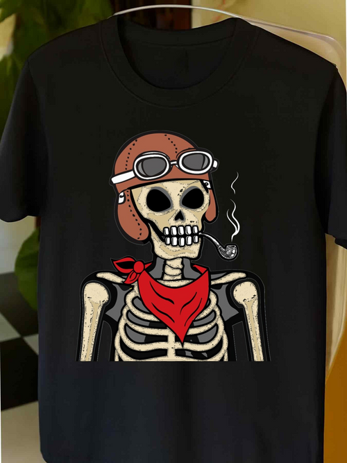 Men's Graphic T-Shirt Retro Style Biker Skeleton With Red Scarf Smoking Pipe