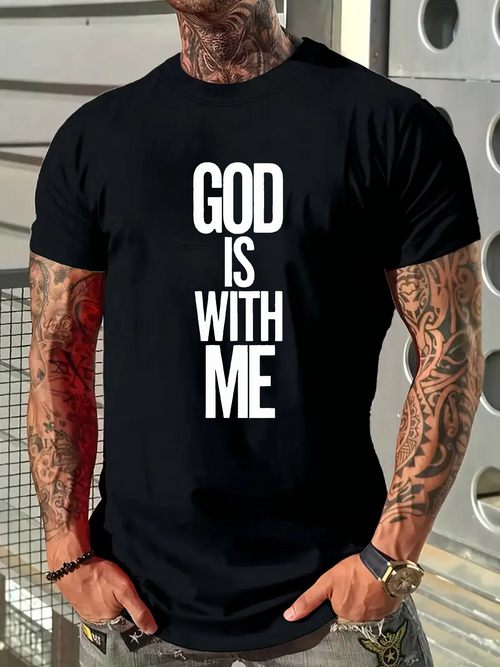 Men's Graphic T-Shirt God Is With Me Bold White Vertical Lettering Phrase