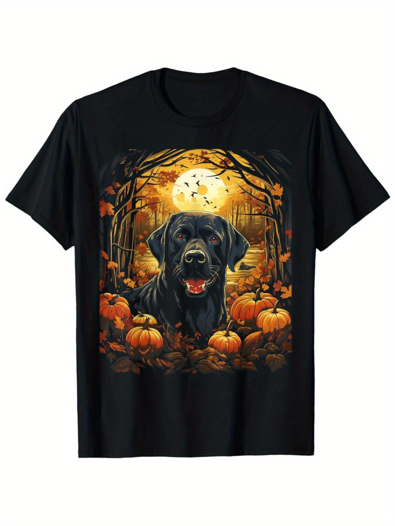 Men's Graphic T-Shirt Glowing Moonlit Autumn Forest With Pumpkins Surrounding Black Labrador Dog