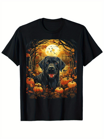 Men's Graphic T-Shirt Glowing Moonlit Autumn Forest With Pumpkins Surrounding Black Labrador Dog
