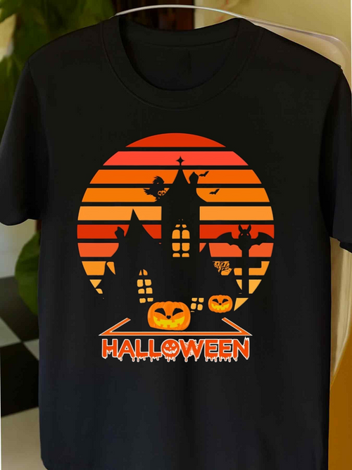 Men's Graphic T-Shirt Halloween Haunted House With Pumpkins Bats And Sunset Silhouette