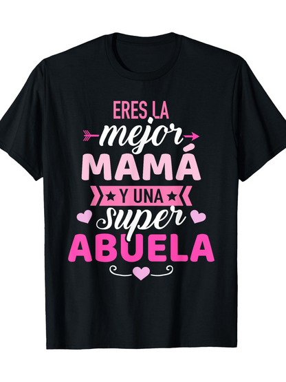 Men's Graphic T-Shirt Best Mom & Super Grandma slogan with pink lettering and hearts