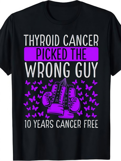 Men's Graphic T-Shirt Thyroid Cancer Picked The Wrong Guy Ten Years Cancer Free With Purple Butterflies And Boxing Gloves