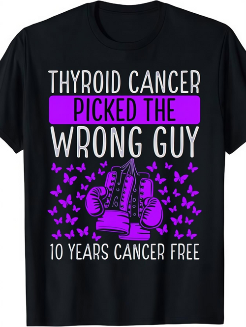Men's Graphic T-Shirt Thyroid Cancer Picked The Wrong Guy Ten Years Cancer Free With Purple Butterflies And Boxing Gloves