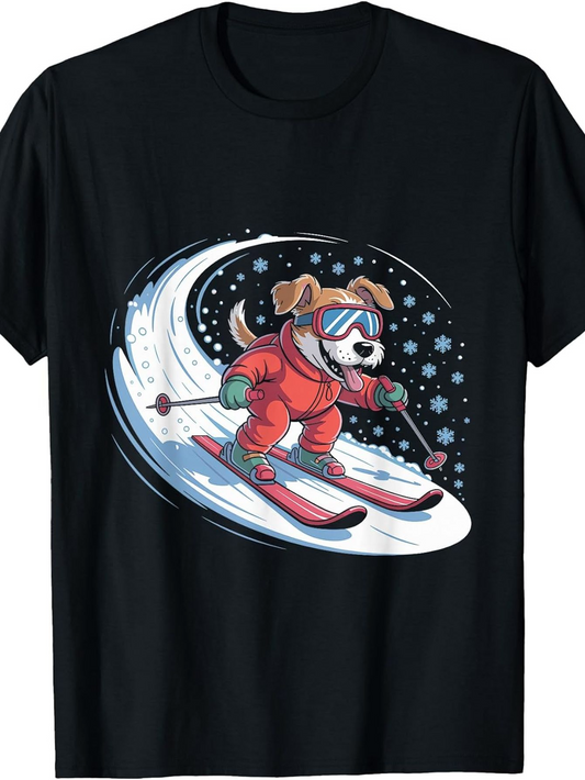 Men's Graphic T-Shirt Playful Dog In Red Suit Skiing Down Snowy Mountain