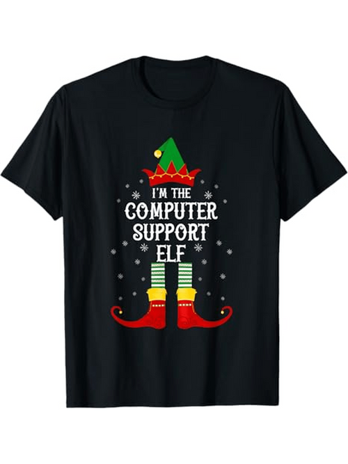 Men's Graphic T-Shirt Im The Computer Support Elf With Festive Stars Striped Socks And Jingle Hat Elf