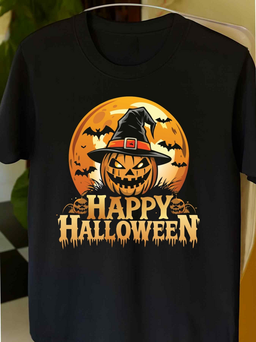 Men's Graphic T-Shirt Happy Halloween Spooky Bats And Pumpkin Wearing Witch Hat Under Orange Moon