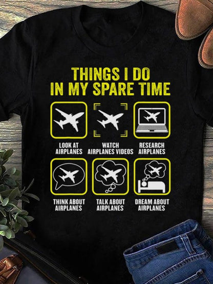 Women's Graphic T-Shirt Things I Do In My Spare Time With Stylized Airplane Icons