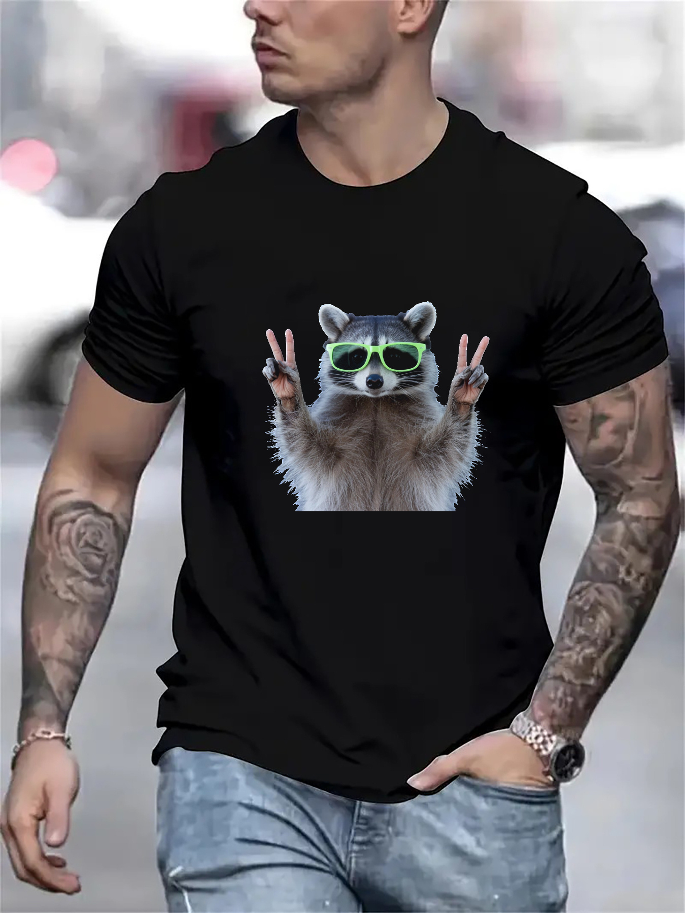 Men's Graphic T-Shirt Hipster Raccoon With Green Sunglasses Making Peace Signs