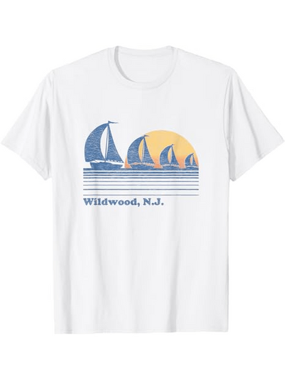 Men's Graphic T-Shirt Wildwood NJ Sunset With Three Sailboats On Calm Sea